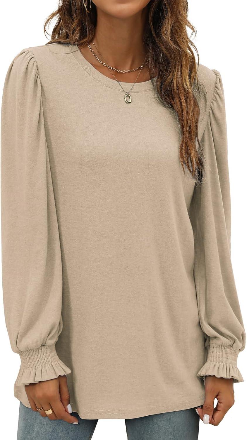 imageXIEERDUO Womens Long Sleeve Tops 2024 Fall Ruffle Puff Sleeve Cute Tunic Shirts DressyA03khaki