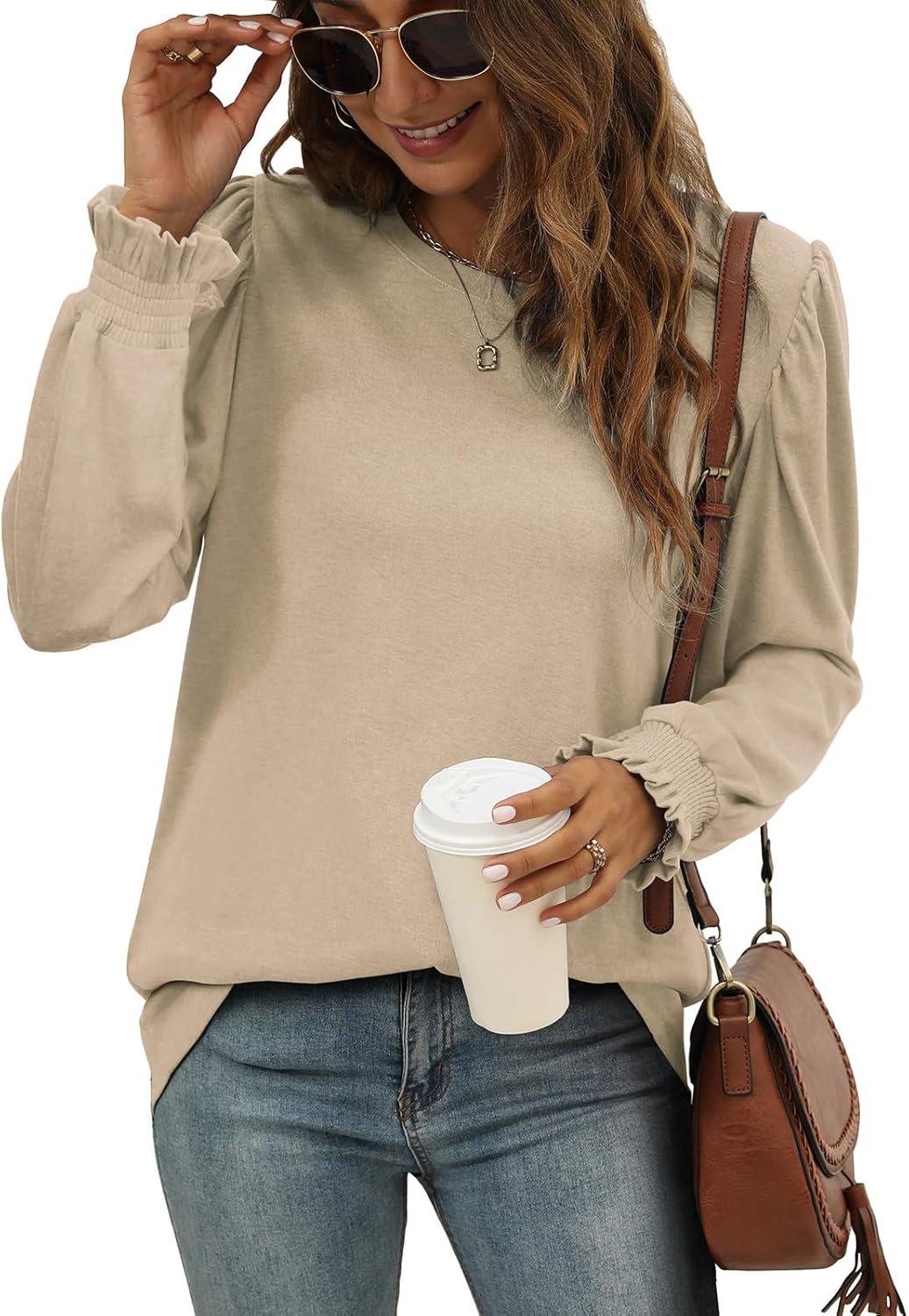 imageXIEERDUO Womens Long Sleeve Tops 2024 Fall Ruffle Puff Sleeve Cute Tunic Shirts DressyA03khaki