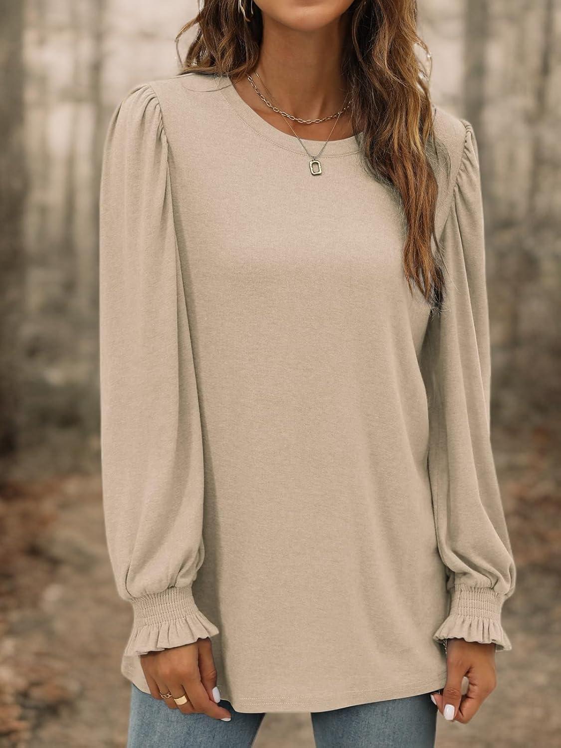 imageXIEERDUO Womens Long Sleeve Tops 2024 Fall Ruffle Puff Sleeve Cute Tunic Shirts DressyA03khaki