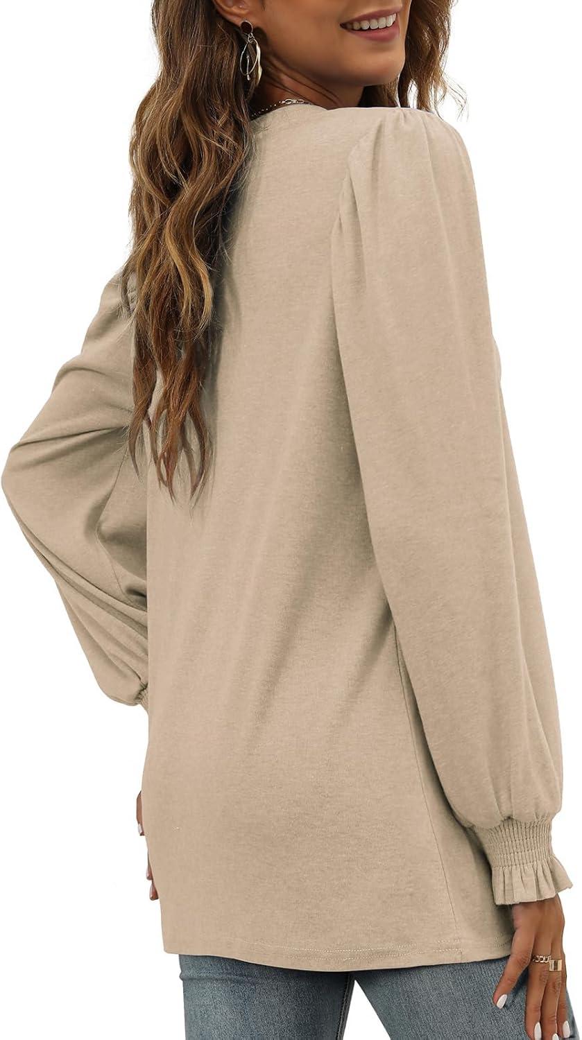 imageXIEERDUO Womens Long Sleeve Tops 2024 Fall Ruffle Puff Sleeve Cute Tunic Shirts DressyA03khaki