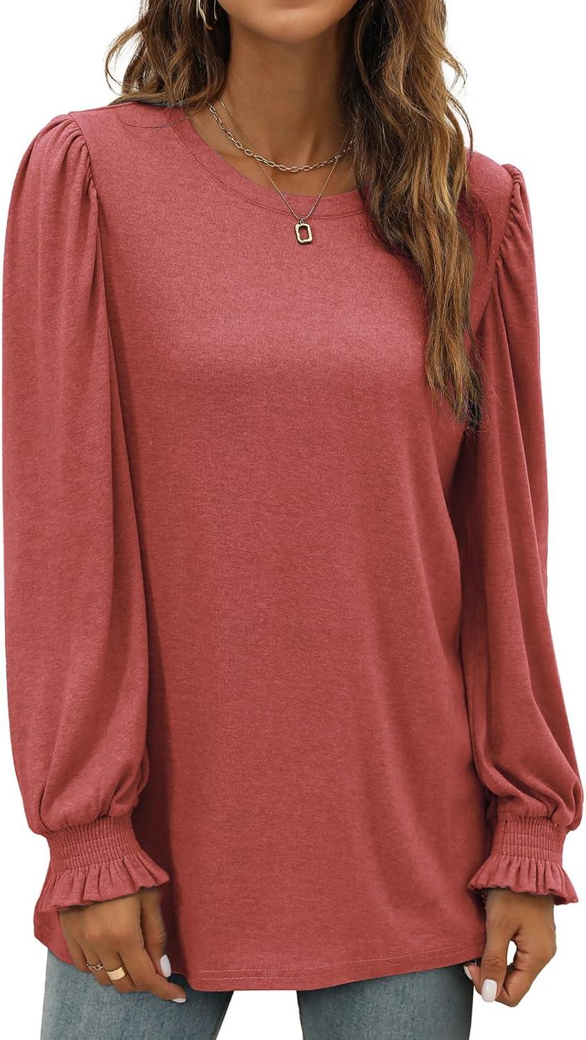 imageXIEERDUO Womens Long Sleeve Tops 2024 Fall Ruffle Puff Sleeve Cute Tunic Shirts DressyA04red