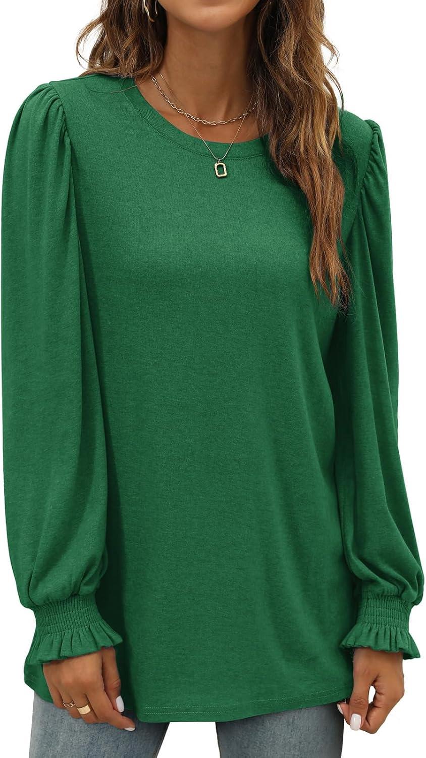 imageXIEERDUO Womens Long Sleeve Tops 2024 Fall Ruffle Puff Sleeve Cute Tunic Shirts DressyA05green