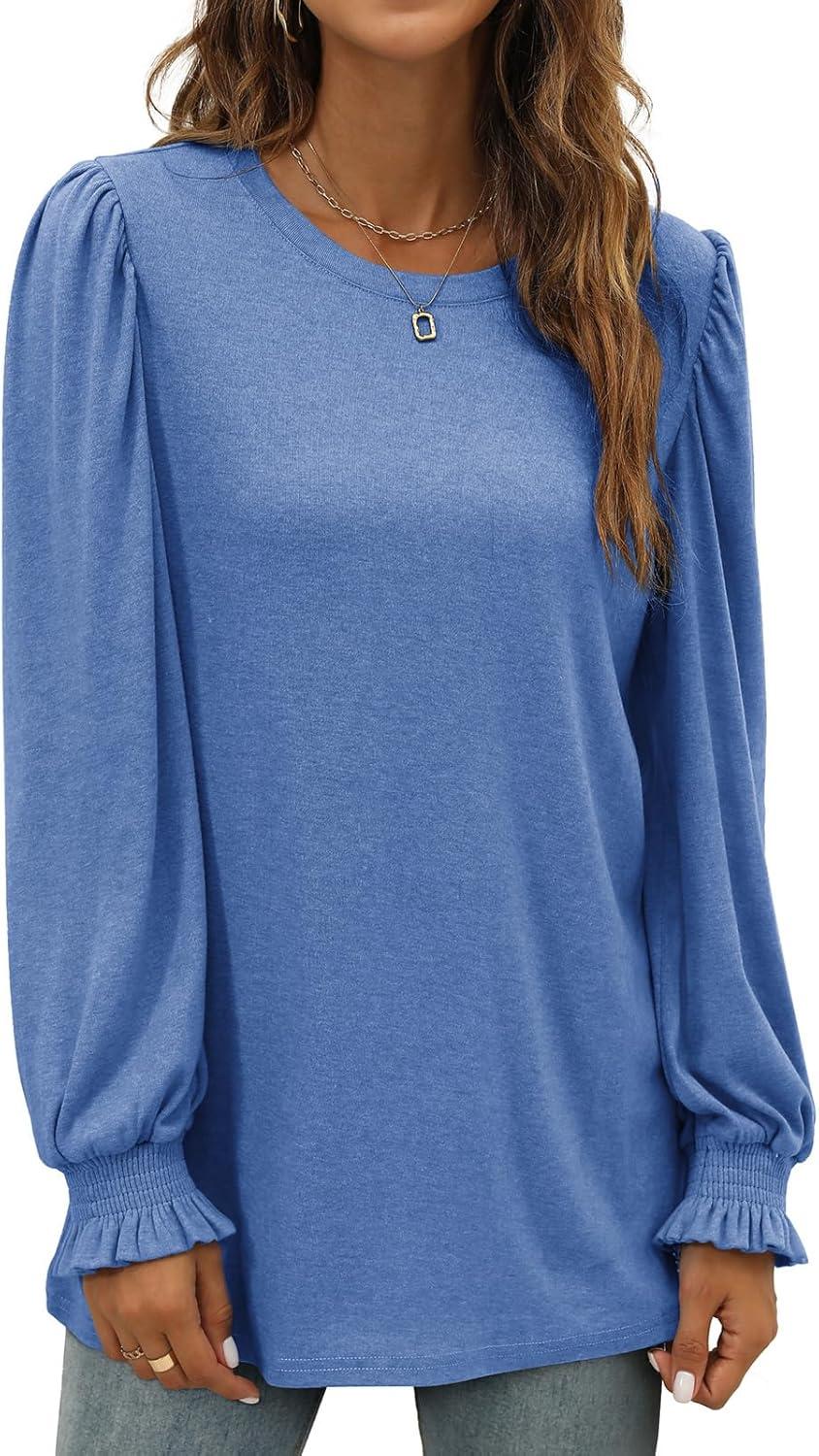 imageXIEERDUO Womens Long Sleeve Tops 2024 Fall Ruffle Puff Sleeve Cute Tunic Shirts DressyA06blue