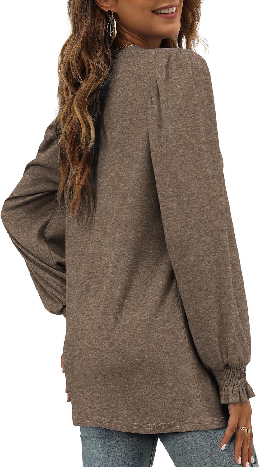 imageXIEERDUO Womens Long Sleeve Tops 2024 Fall Ruffle Puff Sleeve Cute Tunic Shirts DressyA07brown