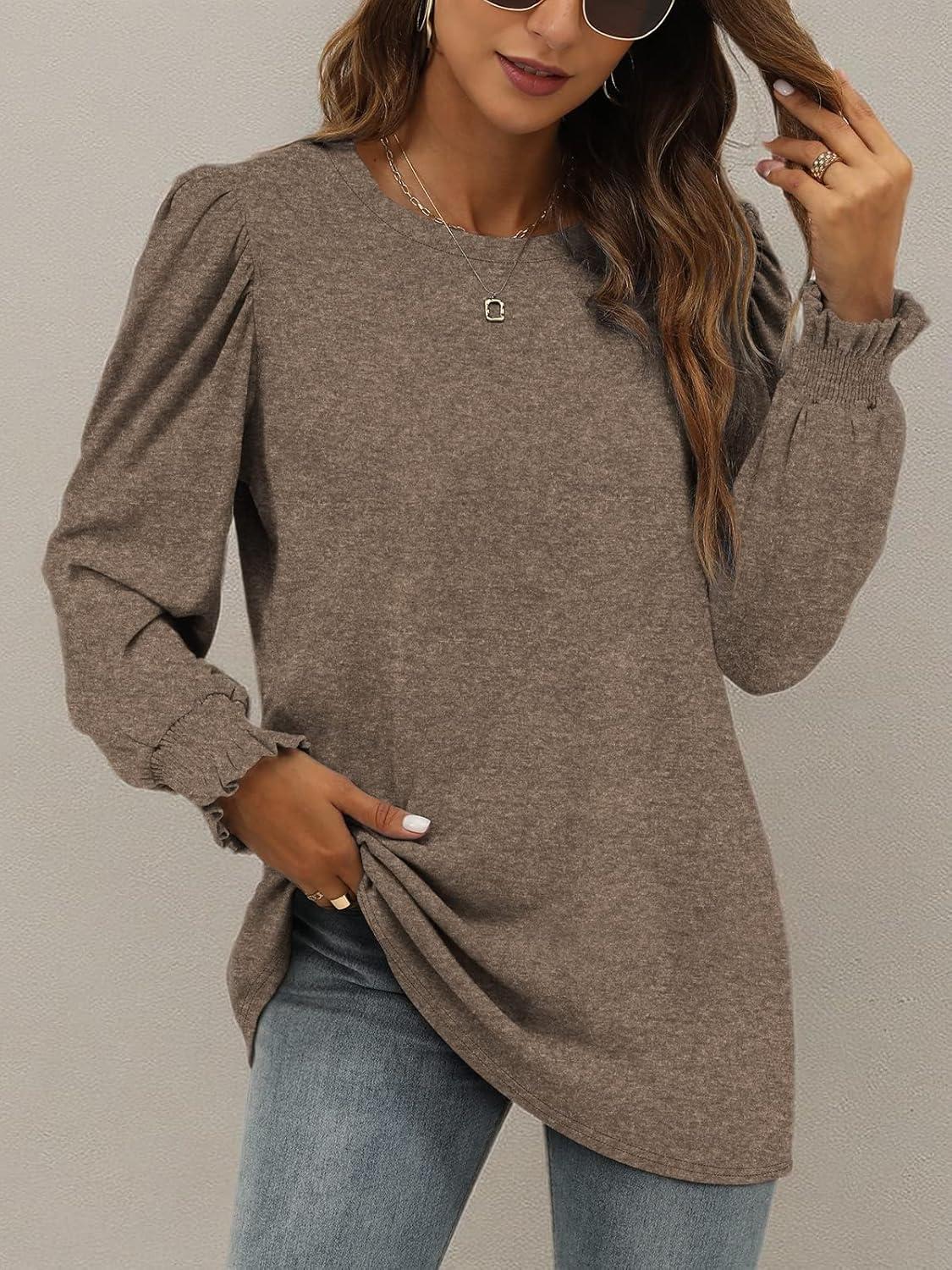 imageXIEERDUO Womens Long Sleeve Tops 2024 Fall Ruffle Puff Sleeve Cute Tunic Shirts DressyA07brown