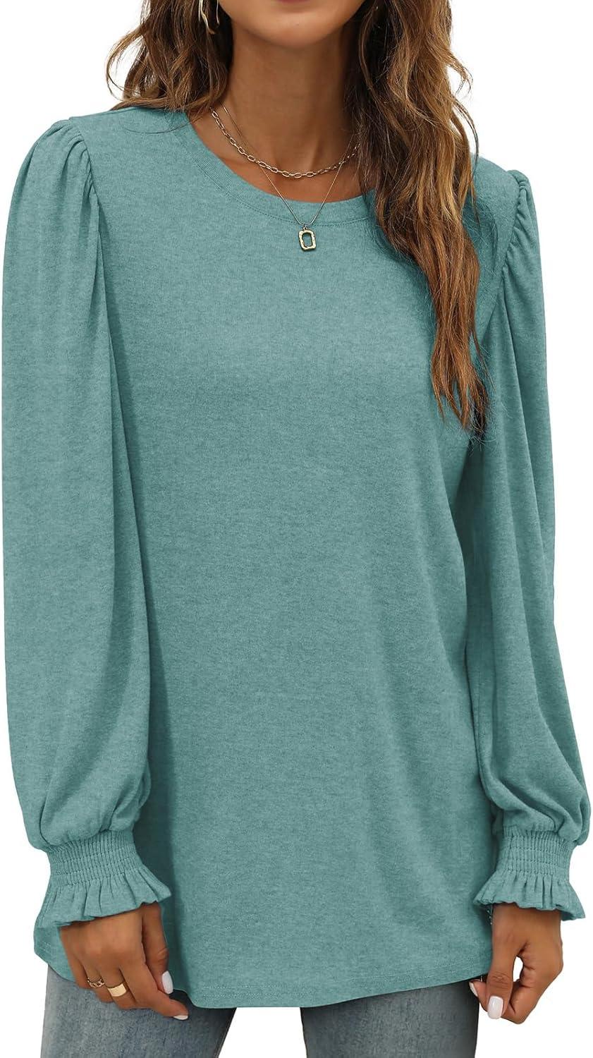 imageXIEERDUO Womens Long Sleeve Tops 2024 Fall Ruffle Puff Sleeve Cute Tunic Shirts DressyA09cadetblue