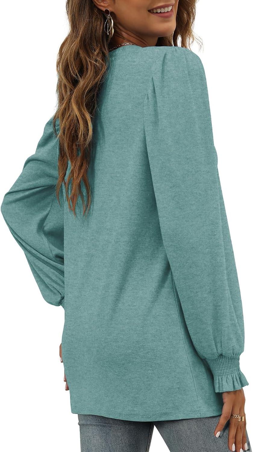 imageXIEERDUO Womens Long Sleeve Tops 2024 Fall Ruffle Puff Sleeve Cute Tunic Shirts DressyA09cadetblue