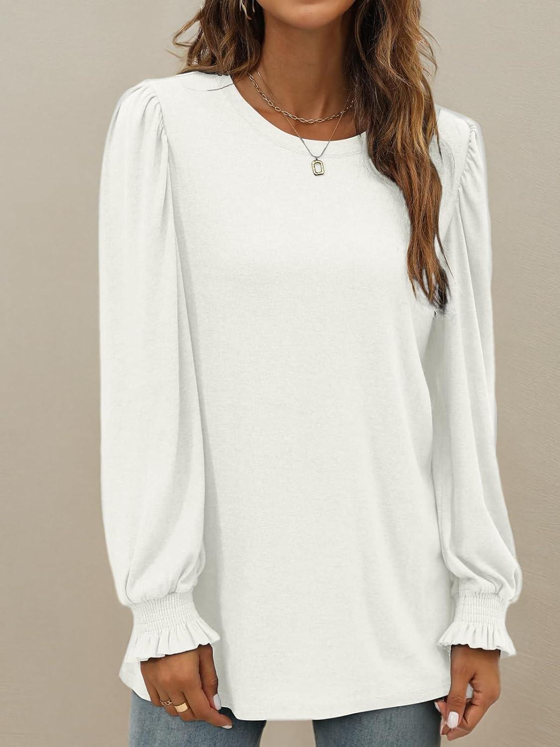 imageXIEERDUO Womens Long Sleeve Tops 2024 Fall Ruffle Puff Sleeve Cute Tunic Shirts DressyA10white