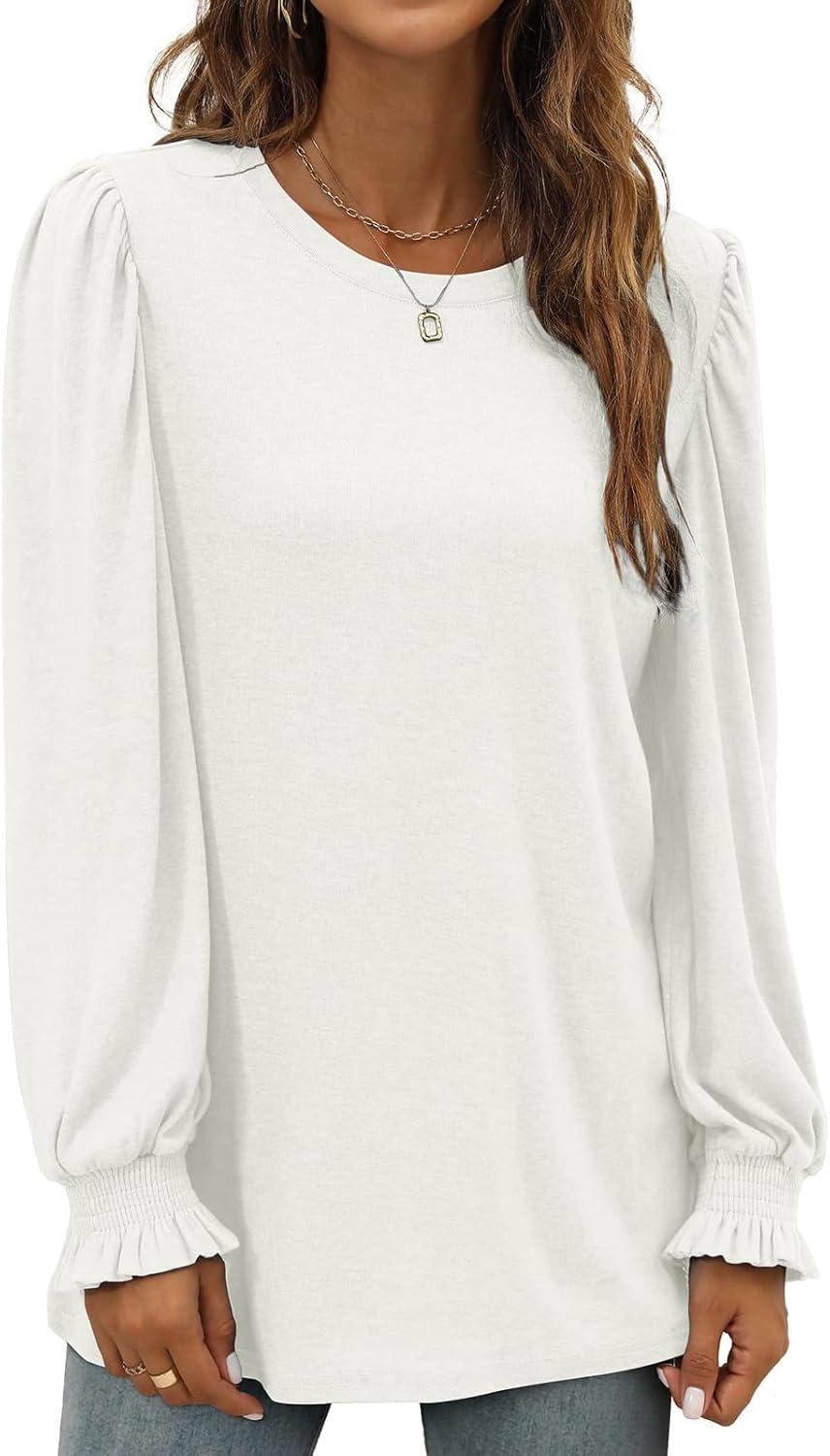 imageXIEERDUO Womens Long Sleeve Tops 2024 Fall Ruffle Puff Sleeve Cute Tunic Shirts DressyA10white