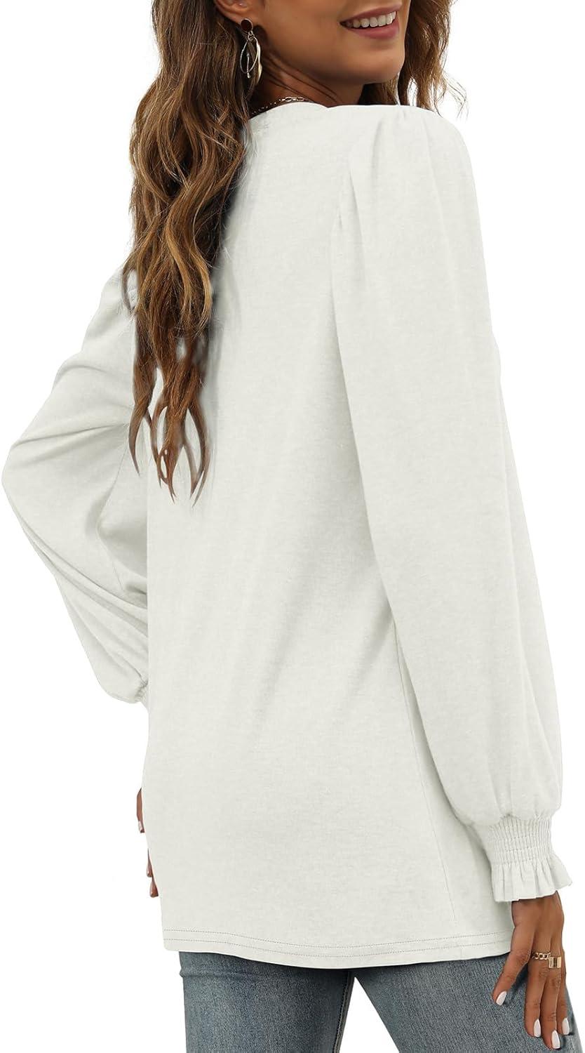 imageXIEERDUO Womens Long Sleeve Tops 2024 Fall Ruffle Puff Sleeve Cute Tunic Shirts DressyA10white