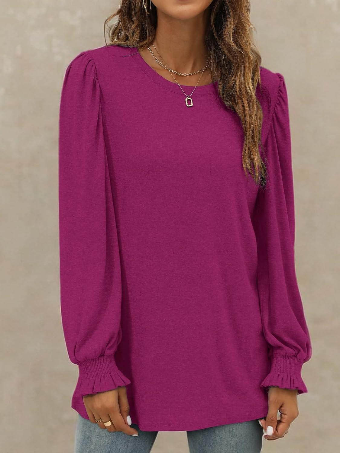 imageXIEERDUO Womens Long Sleeve Tops 2024 Fall Ruffle Puff Sleeve Cute Tunic Shirts DressyA11rose Violet