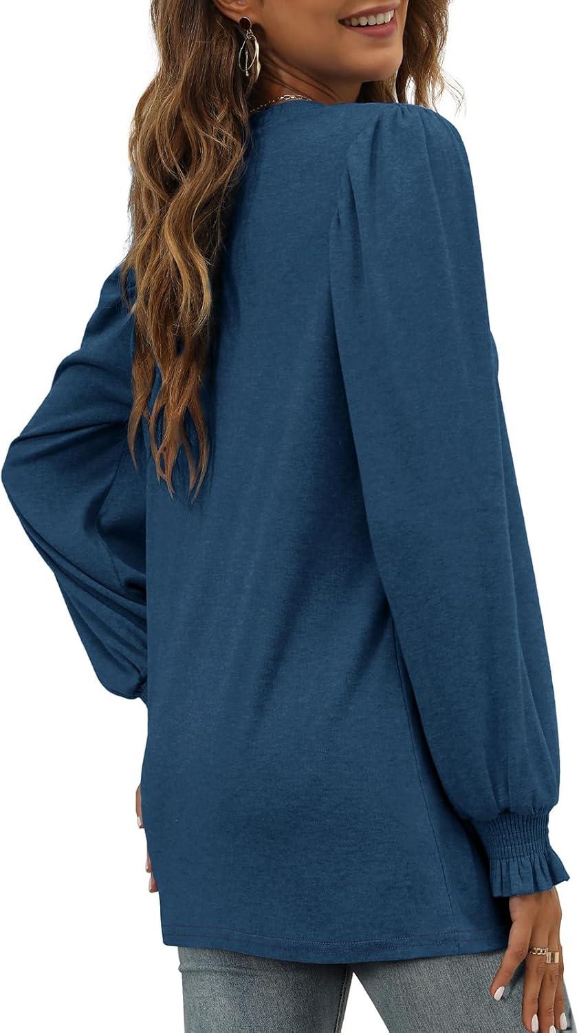 imageXIEERDUO Womens Long Sleeve Tops 2024 Fall Ruffle Puff Sleeve Cute Tunic Shirts DressyA12navy