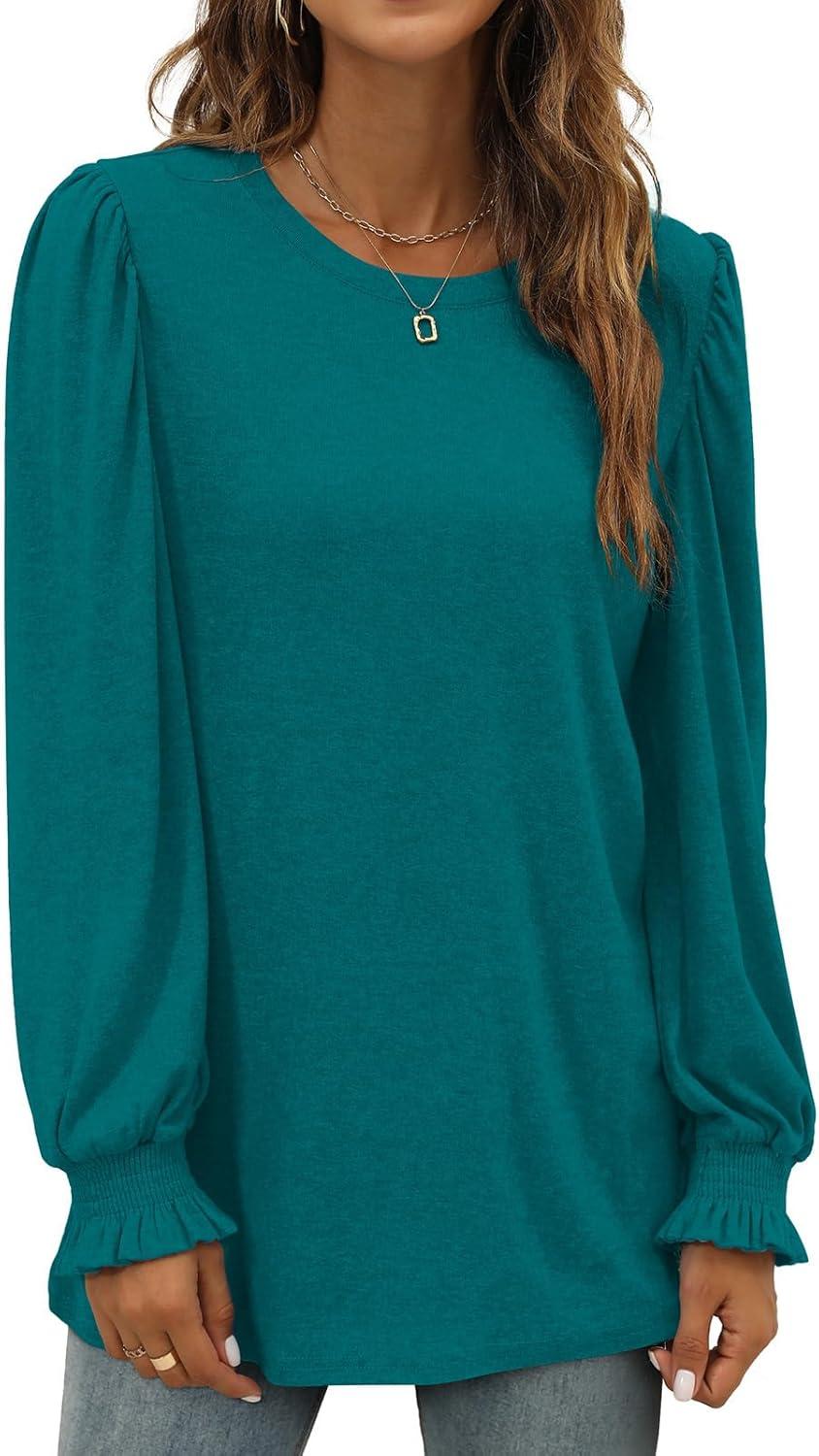 imageXIEERDUO Womens Long Sleeve Tops 2024 Fall Ruffle Puff Sleeve Cute Tunic Shirts DressyA13turquoise