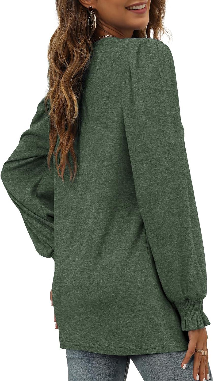 imageXIEERDUO Womens Long Sleeve Tops 2024 Fall Ruffle Puff Sleeve Cute Tunic Shirts DressyA14dark Green