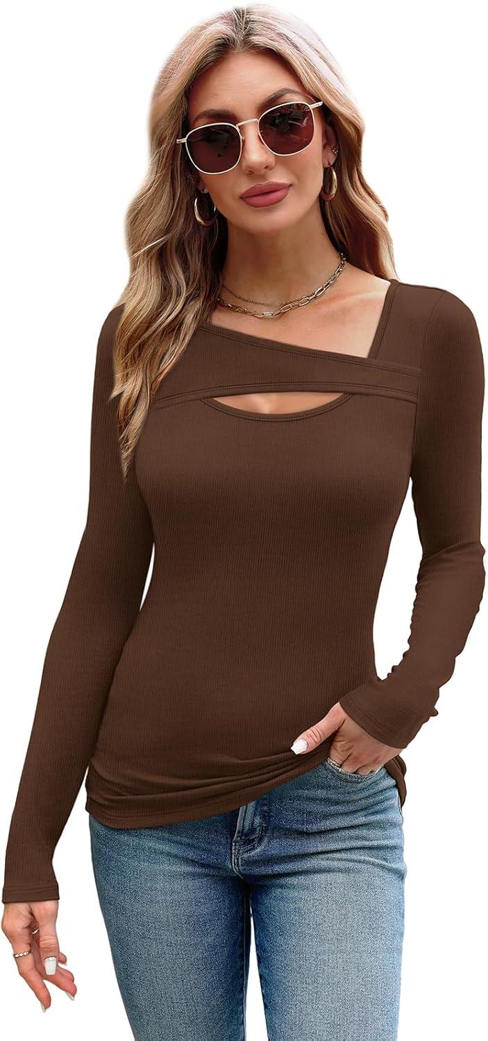 imageXIEERDUO Womens Long Sleeve Tops Slim Fit Fall Tops for Women 2025 Cutout Tops Y2K Ribbed TshirtBrown