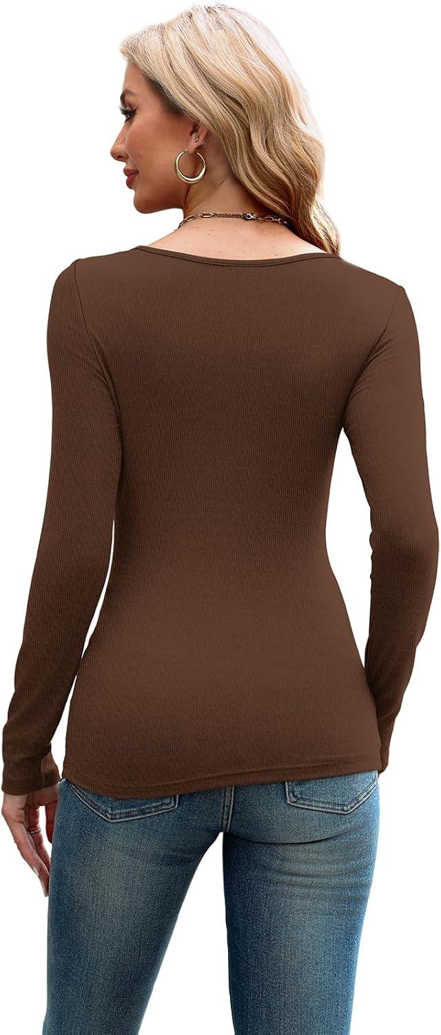 imageXIEERDUO Womens Long Sleeve Tops Slim Fit Fall Tops for Women 2025 Cutout Tops Y2K Ribbed TshirtBrown