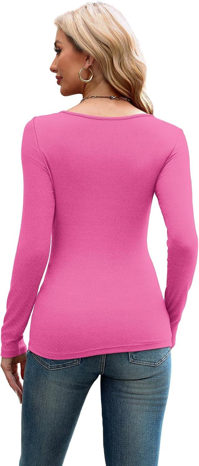imageXIEERDUO Womens Long Sleeve Tops Slim Fit Fall Tops for Women 2025 Cutout Tops Y2K Ribbed TshirtHot Pink