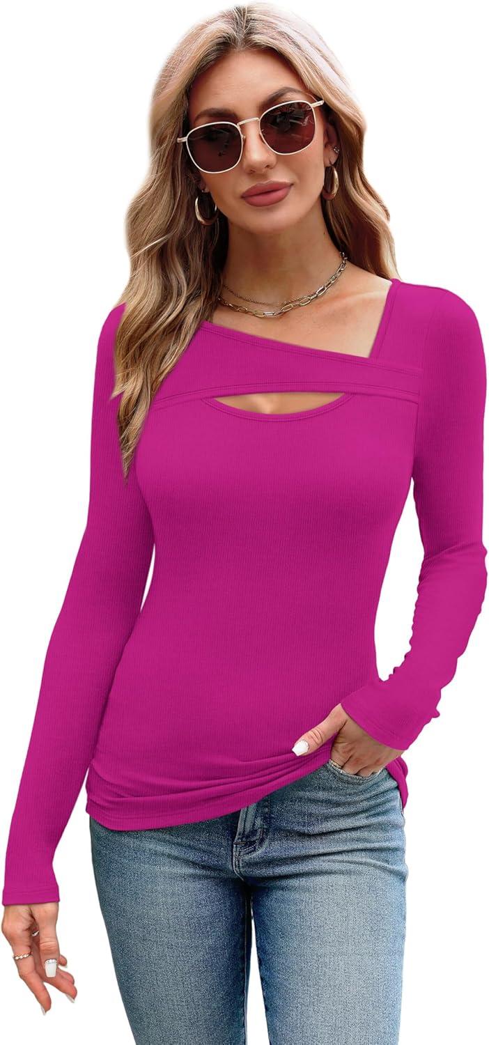 imageXIEERDUO Womens Long Sleeve Tops Slim Fit Fall Tops for Women 2025 Cutout Tops Y2K Ribbed TshirtPurple Red