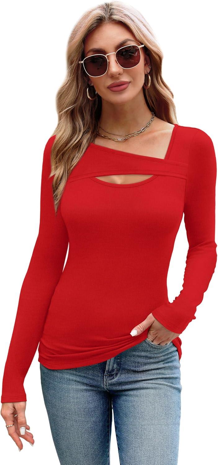 imageXIEERDUO Womens Long Sleeve Tops Slim Fit Fall Tops for Women 2025 Cutout Tops Y2K Ribbed TshirtRed