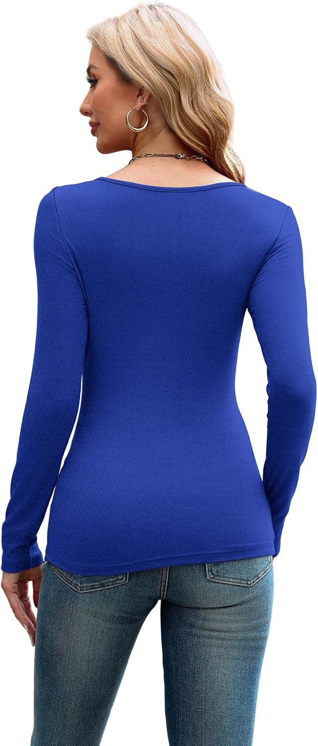 imageXIEERDUO Womens Long Sleeve Tops Slim Fit Fall Tops for Women 2025 Cutout Tops Y2K Ribbed TshirtRoyal Blue