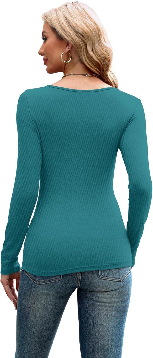 imageXIEERDUO Womens Long Sleeve Tops Slim Fit Fall Tops for Women 2025 Cutout Tops Y2K Ribbed TshirtTeal