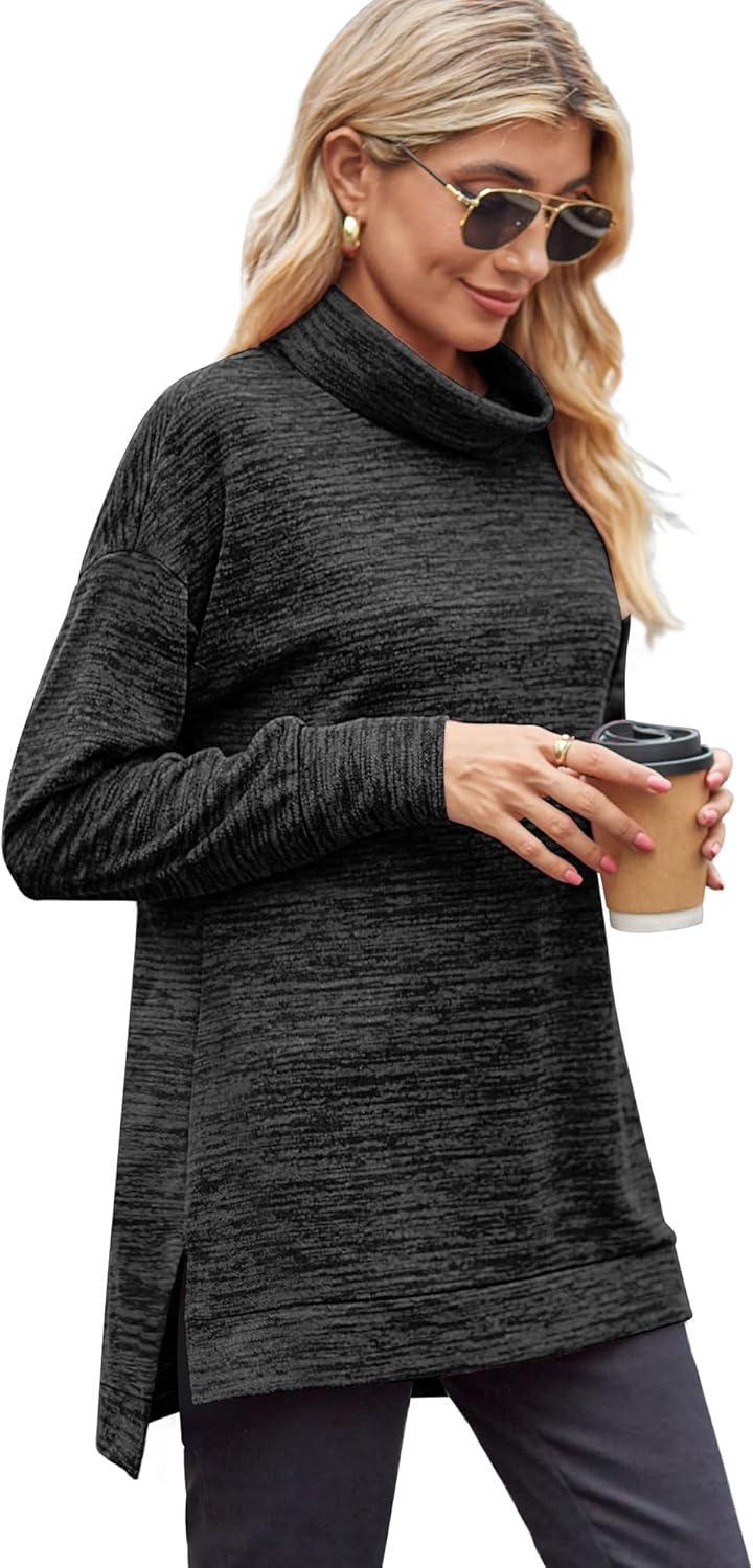 imageXIEERDUO Womens Long Sleeve Tunic Tops Turtleneck Lightweight Sweater High Low Side Split Sweatshirt