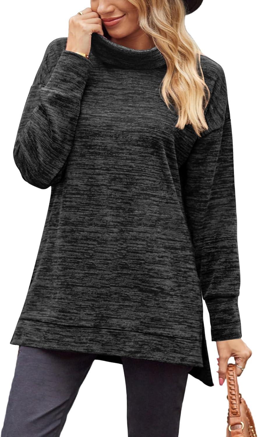 imageXIEERDUO Womens Long Sleeve Tunic Tops Turtleneck Lightweight Sweater High Low Side Split Sweatshirt