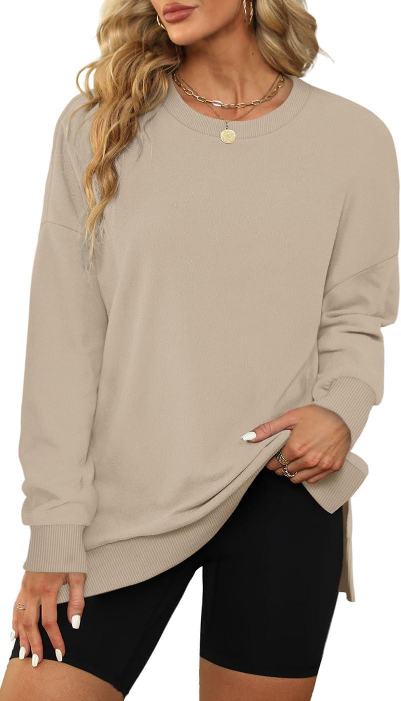 imageXIEERDUO Womens Oversized Sweatshirts Pullover Casual Crewneck Long Sleeve Tops Comfy02khaki