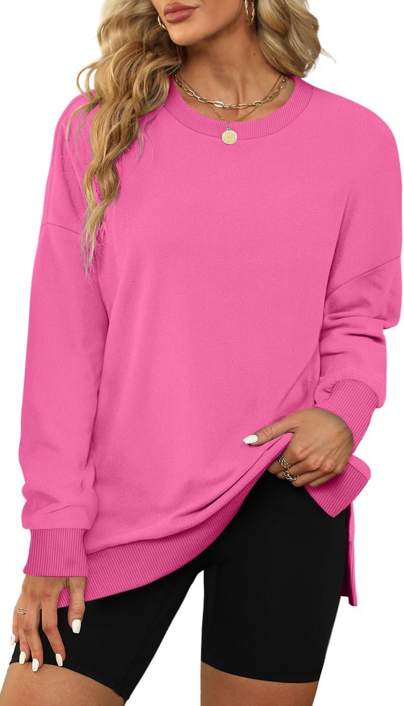 imageXIEERDUO Womens Oversized Sweatshirts Pullover Casual Crewneck Long Sleeve Tops Comfy03hot Pink