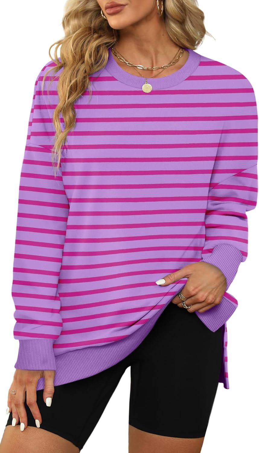 imageXIEERDUO Womens Oversized Sweatshirts Pullover Casual Crewneck Long Sleeve Tops Comfy24strpied Pink