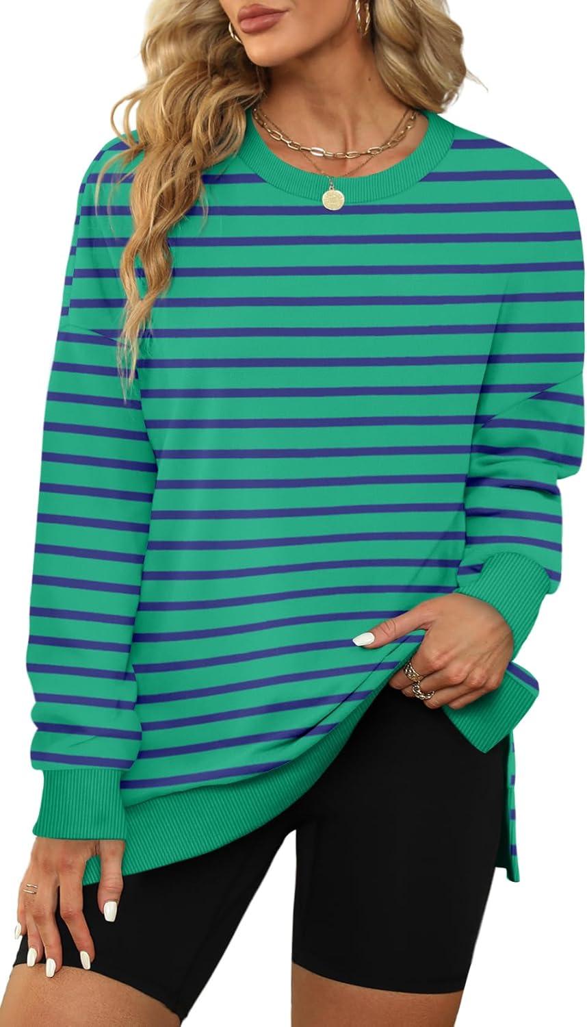 imageXIEERDUO Womens Oversized Sweatshirts Pullover Casual Crewneck Long Sleeve Tops Comfy25strpied Lightgreen