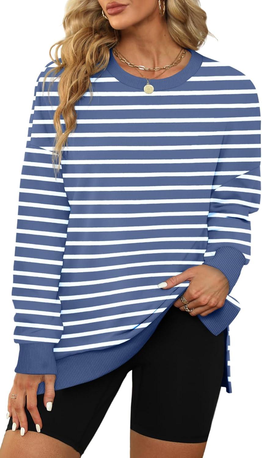 imageXIEERDUO Womens Oversized Sweatshirts Pullover Casual Crewneck Long Sleeve Tops Comfy26strpied Blue