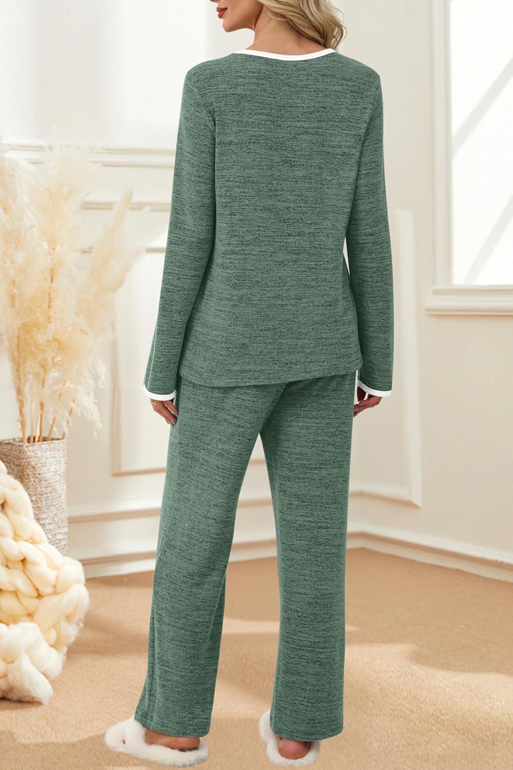 imageXIEERDUO Womens Pajama Sets Long Sleeve Sleepwear Soft Pjs Lounge Chest Pocket Two Piece Sets For WomenGreen