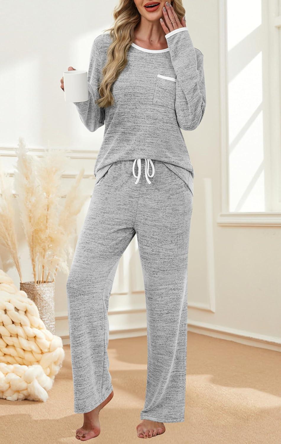 imageXIEERDUO Womens Pajama Sets Long Sleeve Sleepwear Soft Pjs Lounge Chest Pocket Two Piece Sets For WomenGrey