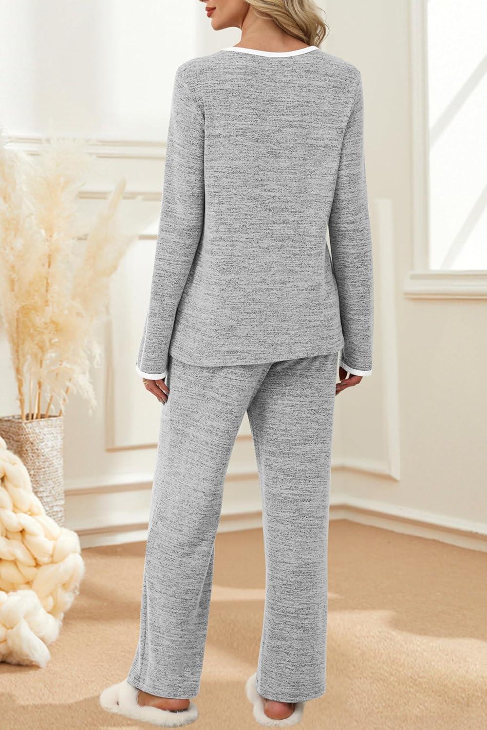 imageXIEERDUO Womens Pajama Sets Long Sleeve Sleepwear Soft Pjs Lounge Chest Pocket Two Piece Sets For WomenGrey
