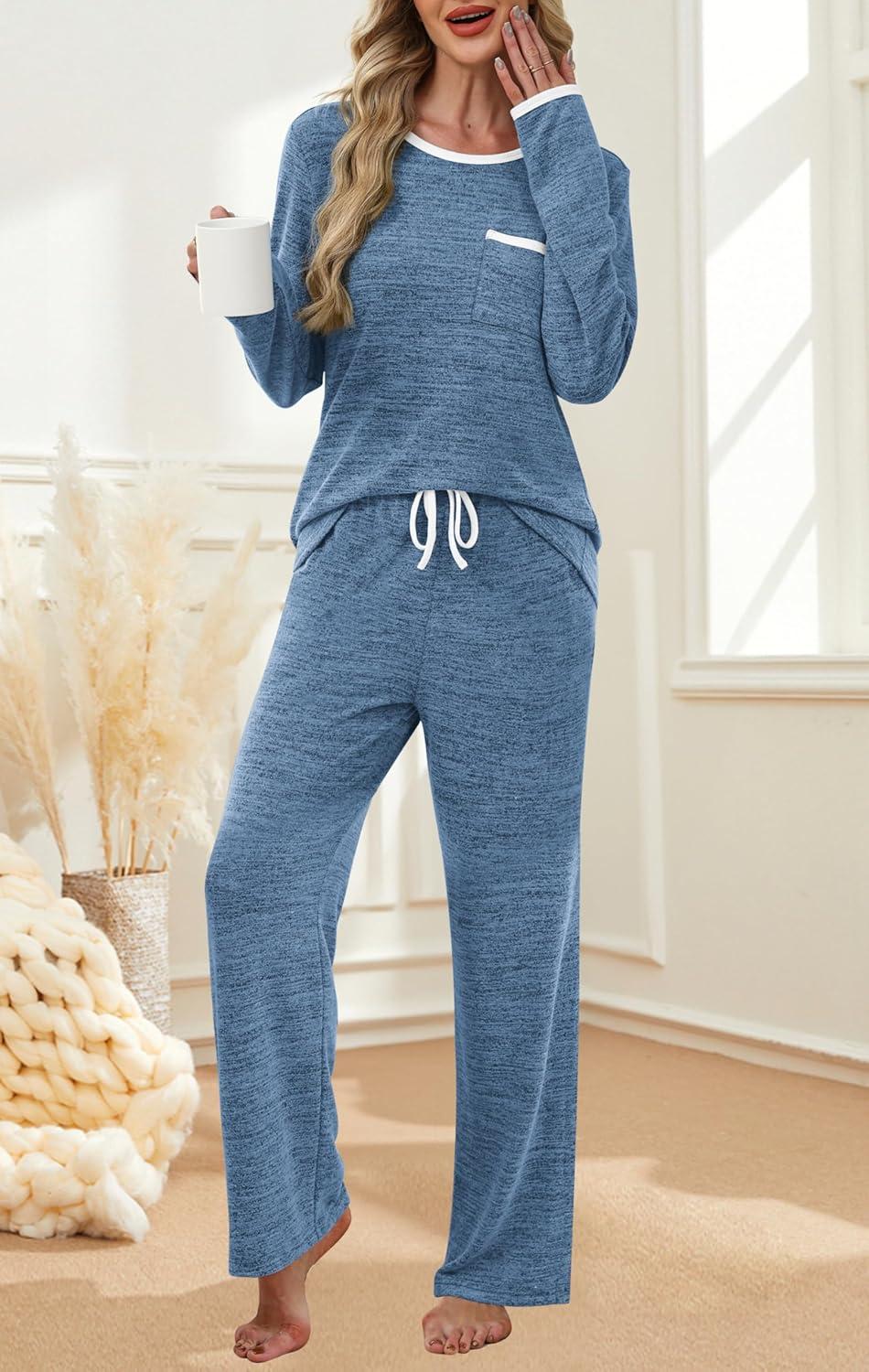 imageXIEERDUO Womens Pajama Sets Long Sleeve Sleepwear Soft Pjs Lounge Chest Pocket Two Piece Sets For WomenNavy Blue