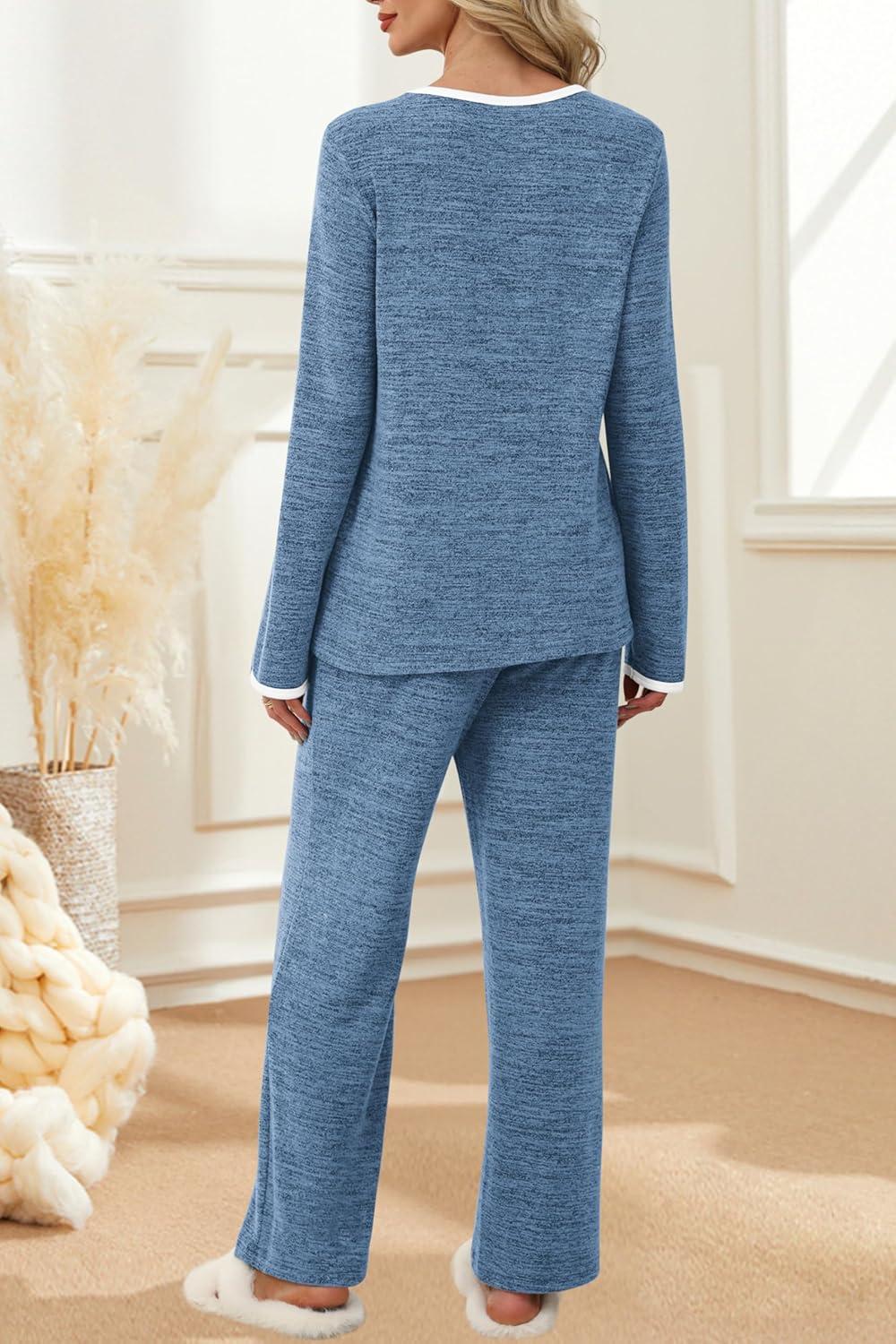 imageXIEERDUO Womens Pajama Sets Long Sleeve Sleepwear Soft Pjs Lounge Chest Pocket Two Piece Sets For WomenNavy Blue