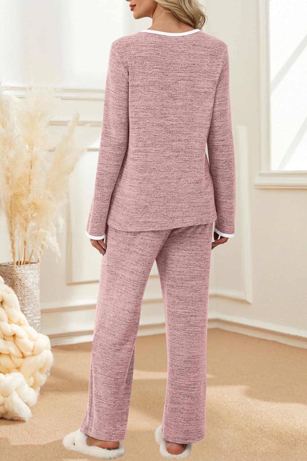 imageXIEERDUO Womens Pajama Sets Long Sleeve Sleepwear Soft Pjs Lounge Chest Pocket Two Piece Sets For WomenPink