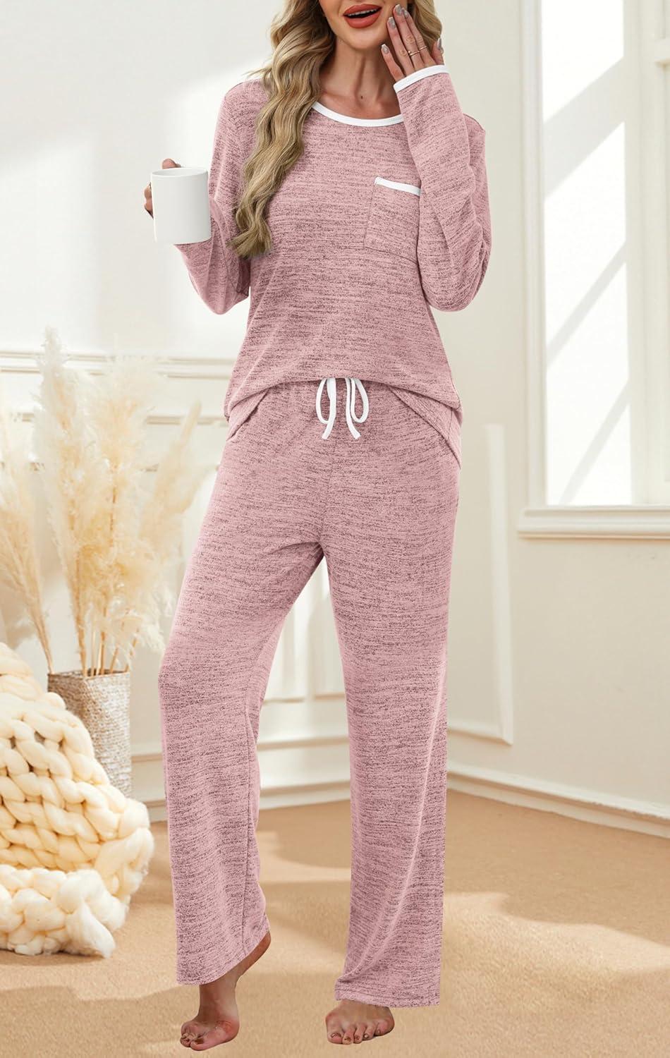 imageXIEERDUO Womens Pajama Sets Long Sleeve Sleepwear Soft Pjs Lounge Chest Pocket Two Piece Sets For WomenPink