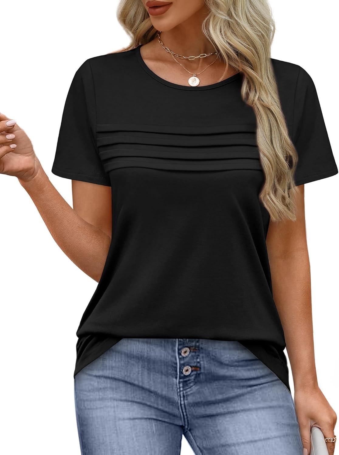 imageXIEERDUO Womens Pleated Tops Dressy Casual Short Sleeve Shirts Fashion Blouses Loose Curved Hem Long Tunic S3XLA Black