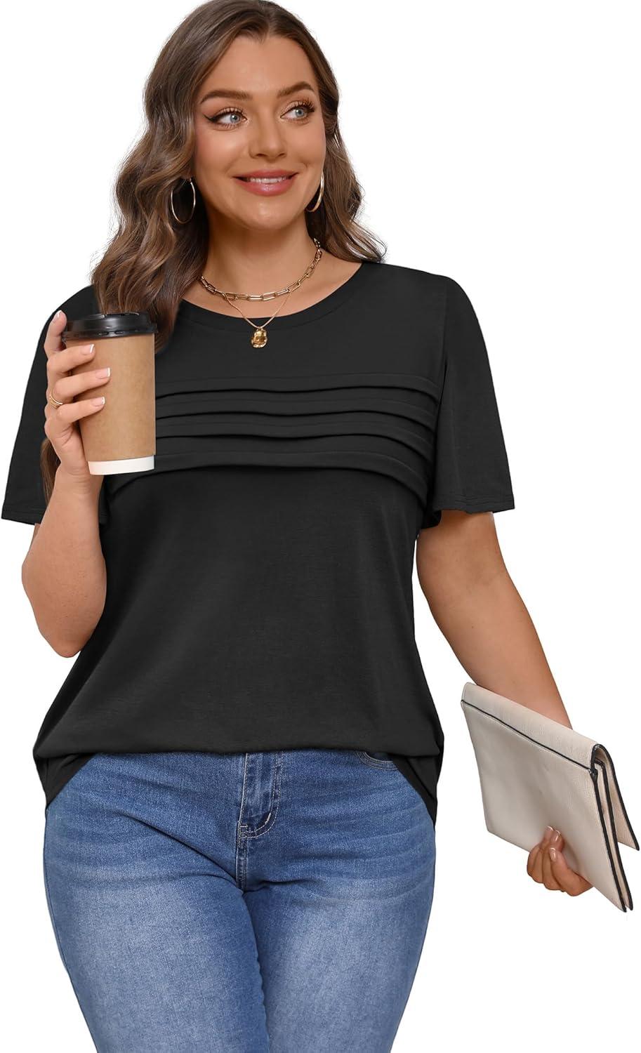 imageXIEERDUO Womens Pleated Tops Dressy Casual Short Sleeve Shirts Fashion Blouses Loose Curved Hem Long Tunic S3XLA Black