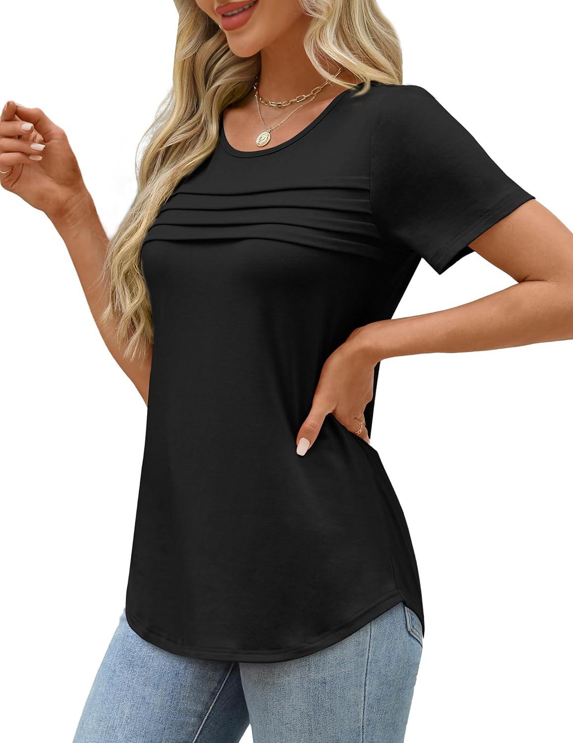 imageXIEERDUO Womens Pleated Tops Dressy Casual Short Sleeve Shirts Fashion Blouses Loose Curved Hem Long Tunic S3XLA Black