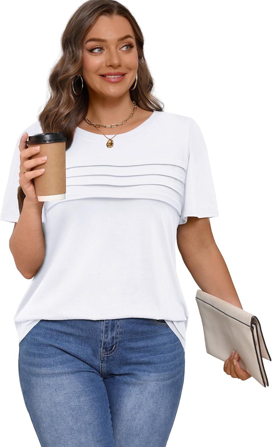 imageXIEERDUO Womens Pleated Tops Dressy Casual Short Sleeve Shirts Fashion Blouses Loose Curved Hem Long Tunic S3XLA White