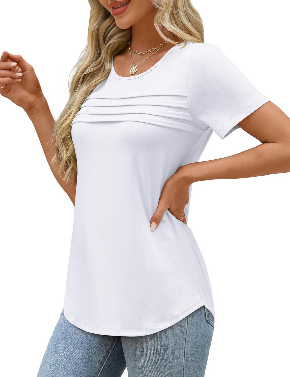 imageXIEERDUO Womens Pleated Tops Dressy Casual Short Sleeve Shirts Fashion Blouses Loose Curved Hem Long Tunic S3XLA White