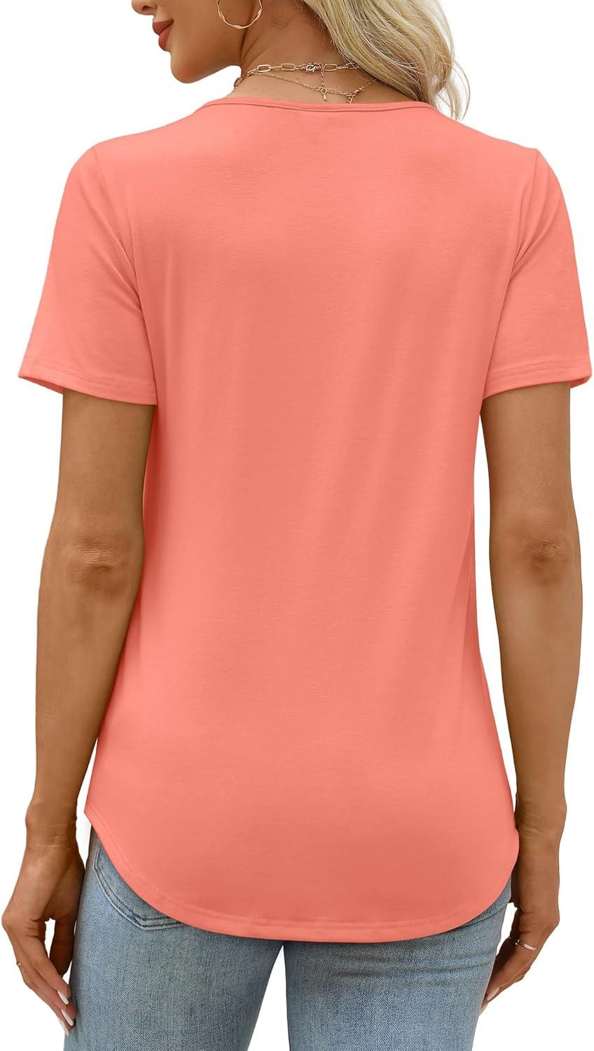 imageXIEERDUO Womens Pleated Tops Dressy Casual Short Sleeve Shirts Fashion Blouses Loose Curved Hem Long Tunic S3XLCoral