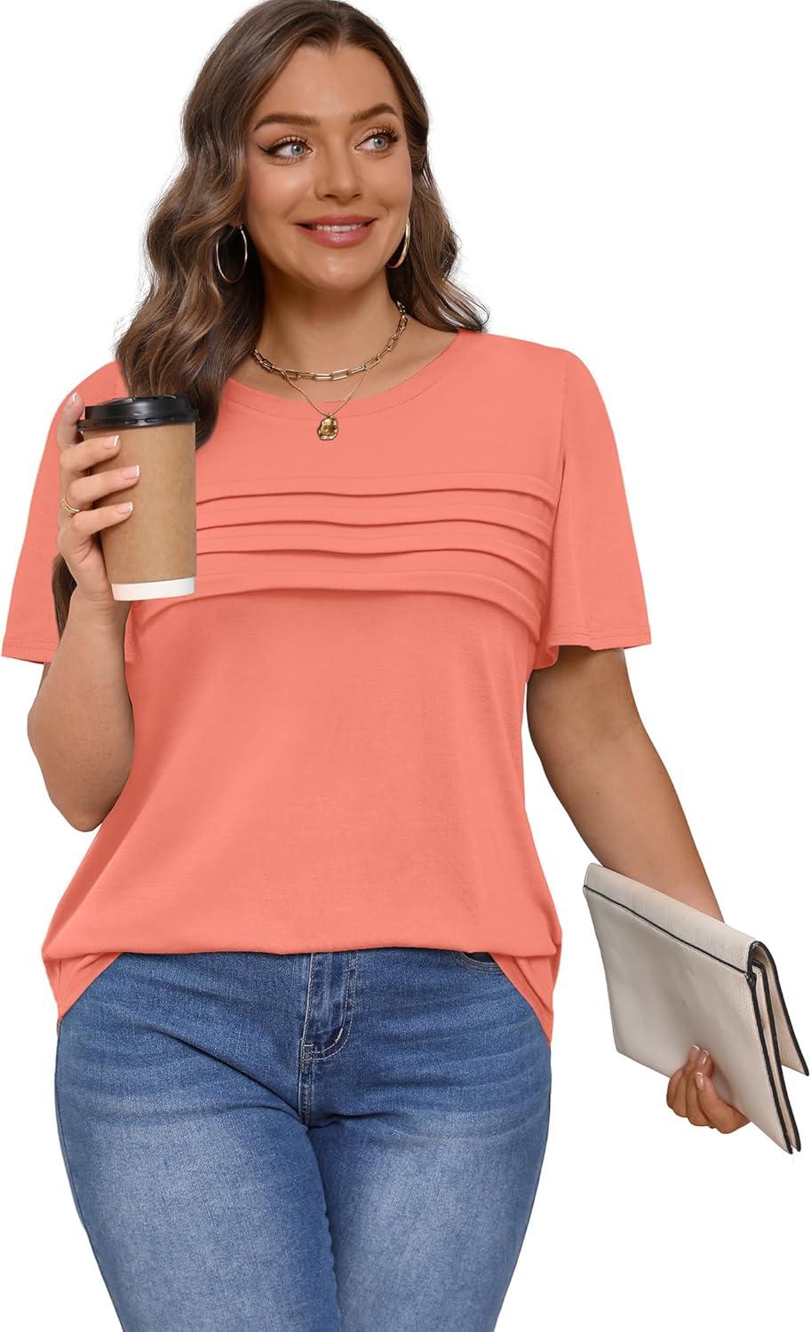 imageXIEERDUO Womens Pleated Tops Dressy Casual Short Sleeve Shirts Fashion Blouses Loose Curved Hem Long Tunic S3XLCoral