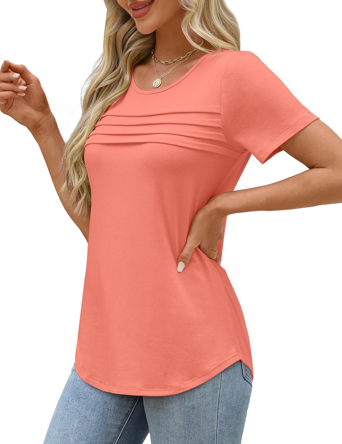 imageXIEERDUO Womens Pleated Tops Dressy Casual Short Sleeve Shirts Fashion Blouses Loose Curved Hem Long Tunic S3XLCoral