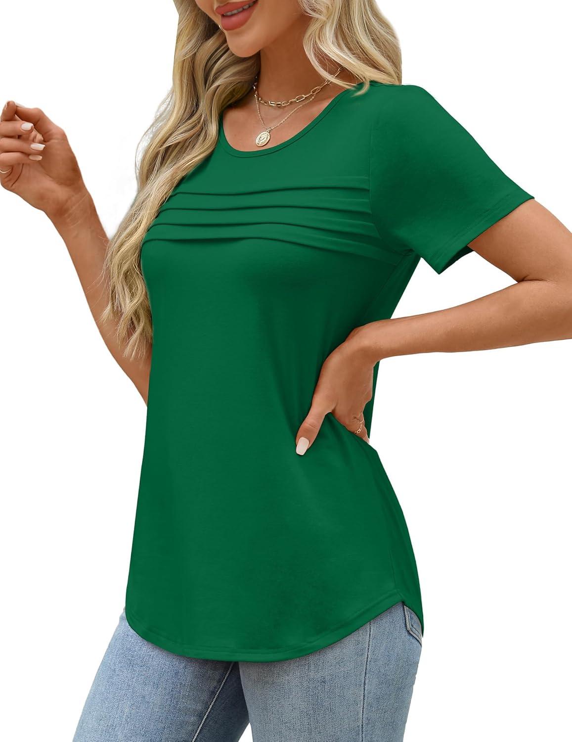 imageXIEERDUO Womens Pleated Tops Dressy Casual Short Sleeve Shirts Fashion Blouses Loose Curved Hem Long Tunic S3XLGreen