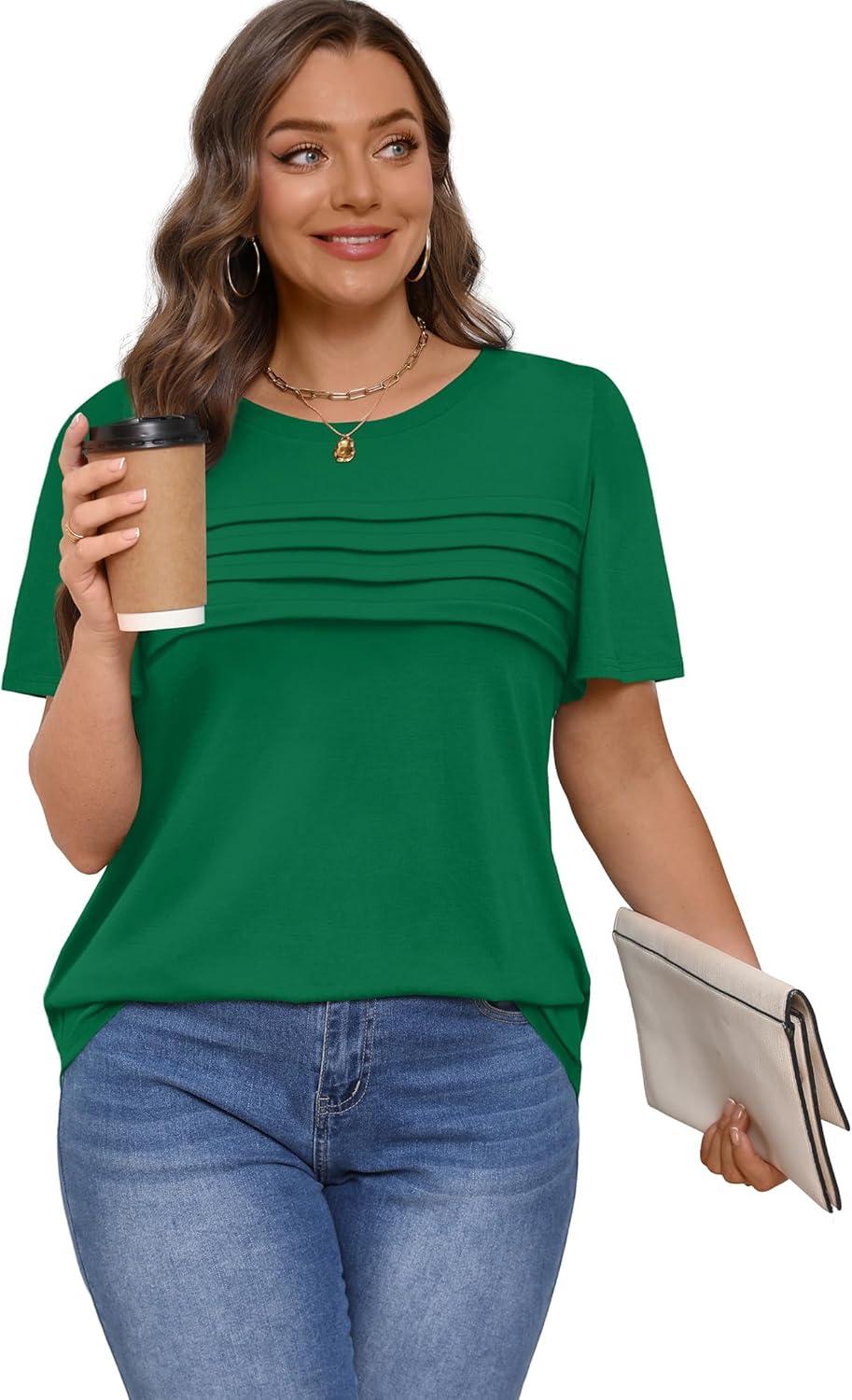imageXIEERDUO Womens Pleated Tops Dressy Casual Short Sleeve Shirts Fashion Blouses Loose Curved Hem Long Tunic S3XLGreen