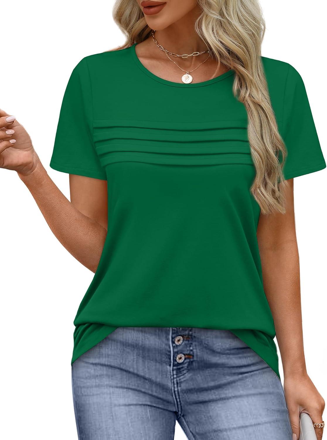 imageXIEERDUO Womens Pleated Tops Dressy Casual Short Sleeve Shirts Fashion Blouses Loose Curved Hem Long Tunic S3XLGreen